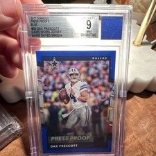 Game worn 2017 Panini Donruss Dak Prescott #39 Press Proof Blue Parallel BGS 9 