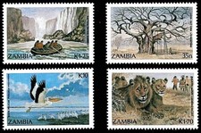 ZAMBIA 1987 TOURISM MNH ** TREES, BIRDS, ANIMALS, LIONS, WATERFALLS