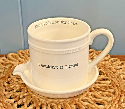 Mud Pie Microwave Bacon Cooker Ceramic Mug Saucer Drip Grease Funny Quote