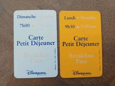 2 Frühstückskarten Hotel Disney Disneyland BICOLOR 11/98 Sonntag Montag 