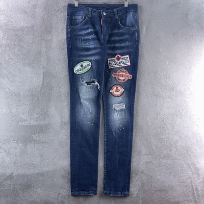 Dsquared2 Jeans Mens Size 42 Blue Distressed Patch Logo Paint Splatter Slim Y2K