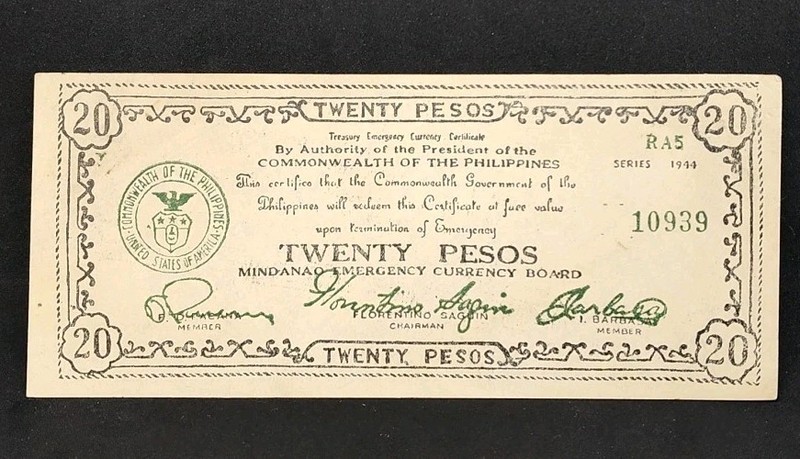 1944 Philippines 20 Pesos 10939 Mindanao
