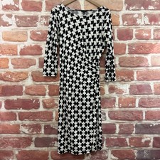 Talbots Dress Womens M Black White Geo Abstract Ruched Stretchy Casual Career
