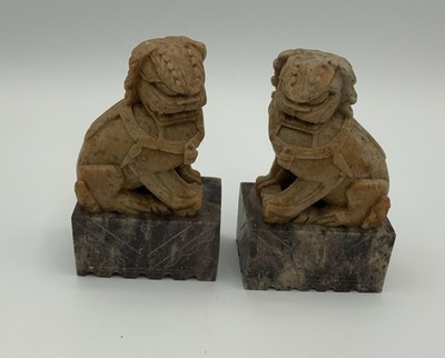 Pair of Vintage Soapstone Fu Foo Dogs Temple Lions 4  Tan/Yellow On Marbled Base