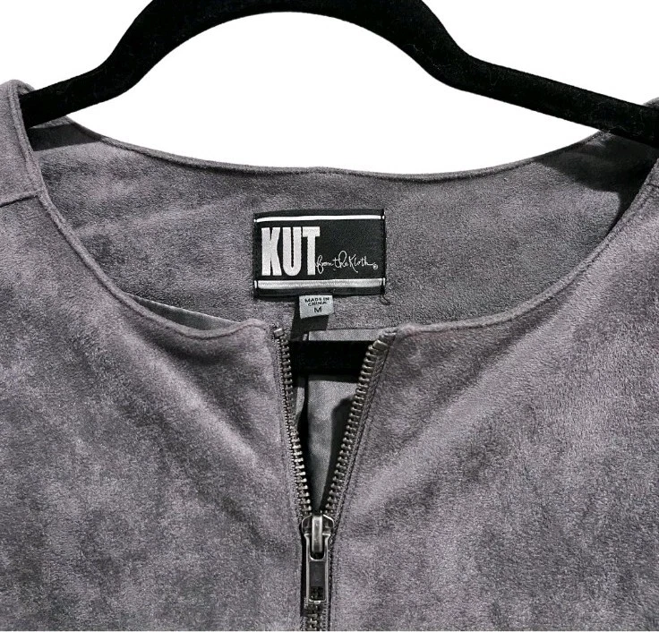 Chaqueta Kut from the Kloth Suave Imitación Gamuza Gris Peplum Cremallera Frontal Encaje Detalle M Foto 4 de 4