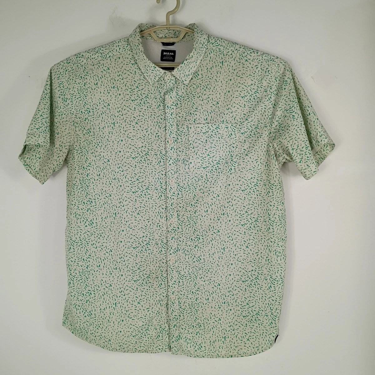 Prana Performance Button Shirt Mens Sz XL Geometric AOP SS Hiking Fishing Vented