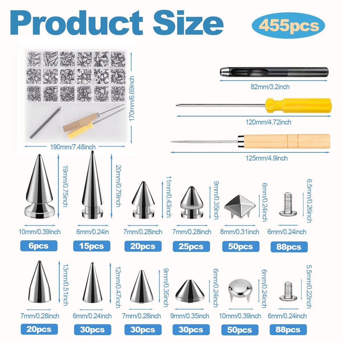 mt55555様確認用　punk 455PCS Punk Spikes and Studs Kit for Clothing, 12 Sizes Premium
