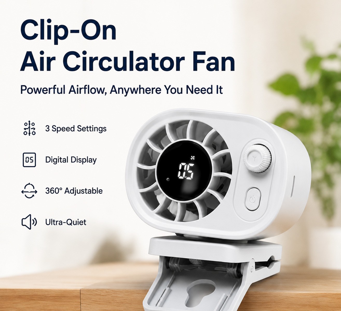 Portable Clip-On Rechargeable Fan with Digital Display USB-C Cooling Summer Gift