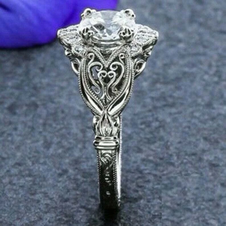 Anel de presente de casamento antigo de diamante criado em laboratório Art Deco ouro branco 14K FN - Imagem 3 de 4