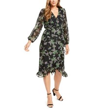 Q & A Womens Belted Floral Print Midi Dress, Black, Small