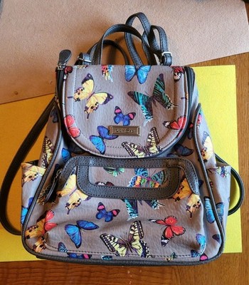 MultiSac Major Backpack Purse NWOT Grey Butterfly Print Faux Leather Pocket Bag