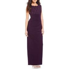 Alex Evenings Gown Women's 6 Purple Lace Maxi Cap Sleeve Ruched Scalloped Neck