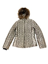 Post Card Italy Shinny Silver Ruched Quilted Jacket Real Fur Removable Trim 6