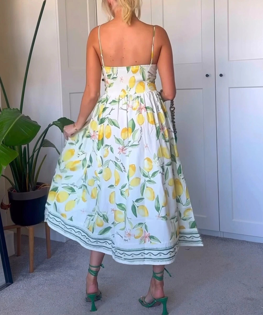 NWT H&M Lemon Cotton Midi Slip Dress White/lemons 1278036003 Sz XS