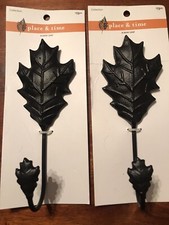 Metal Wall Coat Hooks Leaf Rustic Place  Time Set Of 2 Rustic