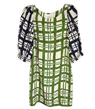 Maeve Anthropologie Womens Green Broken Block Silk Shift Dress 3/4 Sleeve Size 2