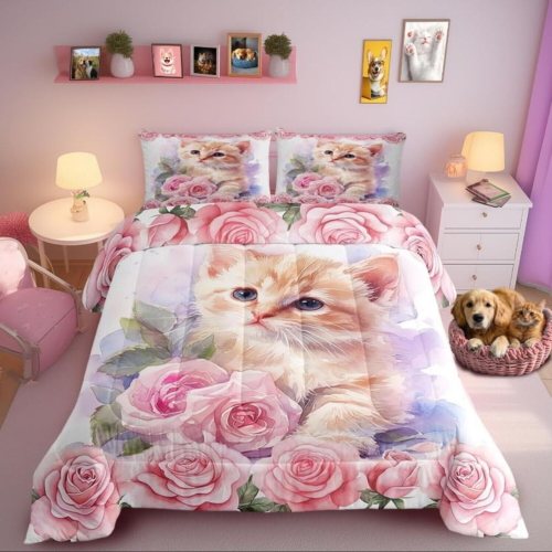 Manfei Kawaii Cat Twin Size Comforter Set for All Seasons,Kids Cute Animal Ki...