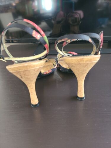 Nina Womens Black Silk Floral & Cork Strappy Open Toe Sandal Shoes Heels 6.5 - Picture 4 of 5