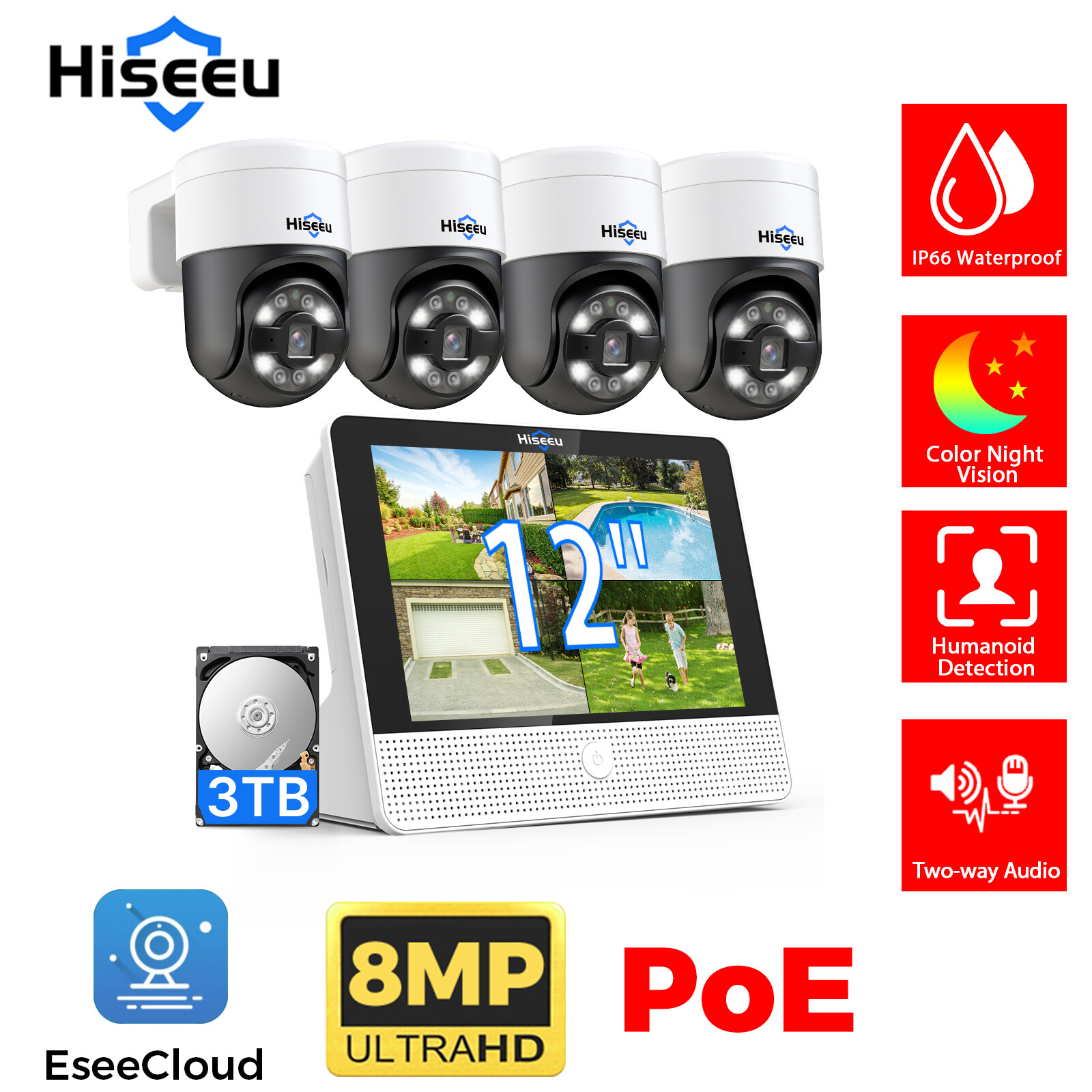Hiseeu PoE Security Camera System 12''LCD 4K 8CH NVR 8MP Cameras Eseecloud APP