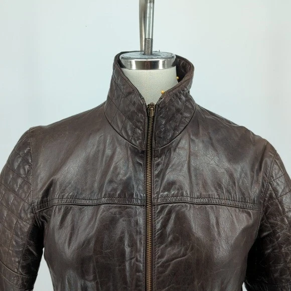 Chaqueta de cuero acolchada con cremallera Club Monaco marrón S moto ropa de calle aviación otoño Foto 4 de 4