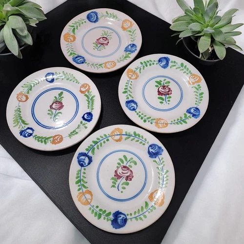 4 VTG Handmade ITALY Salad Plates Dessert SIGNED Set Italian Hand Painted 8" 