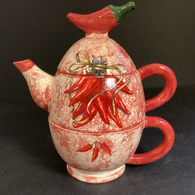 Vintage 1994 Duncan Enterprises Red Chili Decorated  Stacked Teapot, Lid, Cup 