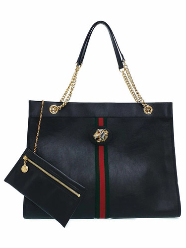GUCCI Raja Tote Chain Shoulder Bag Leather Black