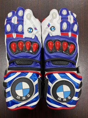blue white Motorcycle Leather Gauntlet Gloves Carbon Knuckle Racing Gloves