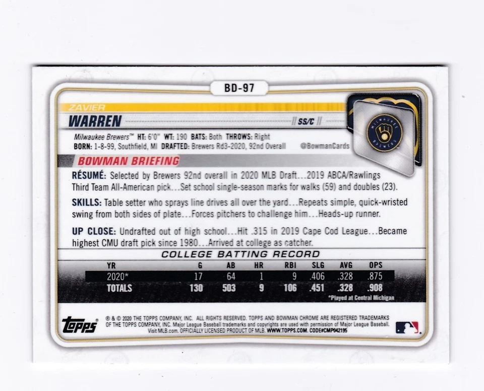 2020 Bowman Chrome Baseball Zavier Warren !st Bowman Card BD-97 Brewers - Image 2 of 2