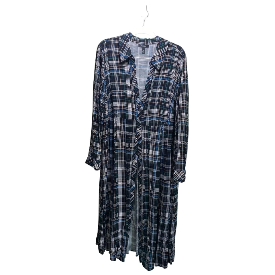 Cárdigan plumero largo verde azul marino ligero a cuadros Torrid Holiday mangas abiertas 2X Foto 4 de 4