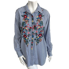 Zara M Floral Embroidered Striped Button Down...
