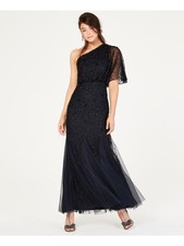 ADRIANNA PAPELL Womens Navy Asymmetrical Neckline Maxi Evening Sheath Dress 8