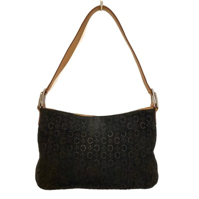 Auth CELINE C Macadam - Black Brown Suede Leather Shoulder Bag