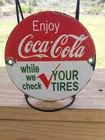 Vintage Porcelain Enjoy Coca-Cola While We Check Your Tires Thick Metal Sign