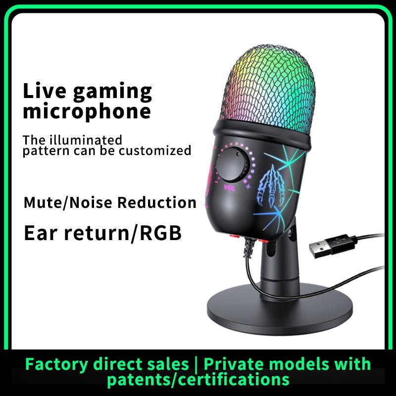 USB Gaming Microphone Condenser PC Podcast Mic RGB Noise Cancel Headphone JackHD
