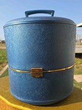 Vintage 1960s Large Blue Hat Box Travel Case - 13&rdquo; Tall - Gold Lining SWIFT