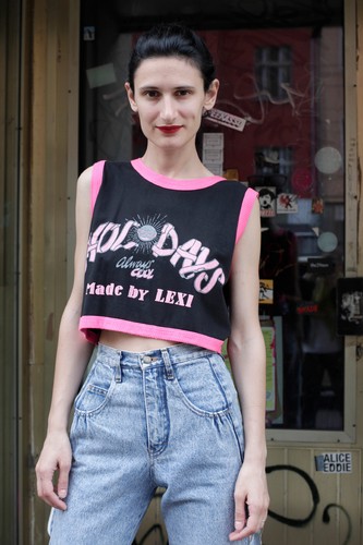 Made by LEXI Damen Top Shirt bauchfrei pink schwarz black 80er True VINTAGE 80´s - Picture 1 of 5