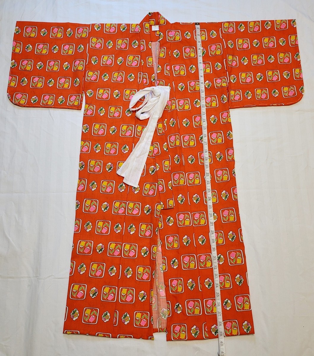こ  Japan 黄色　24cm Vintage Japanese Child's Kimono - Orange w/ Pink & Yellow Flowers
