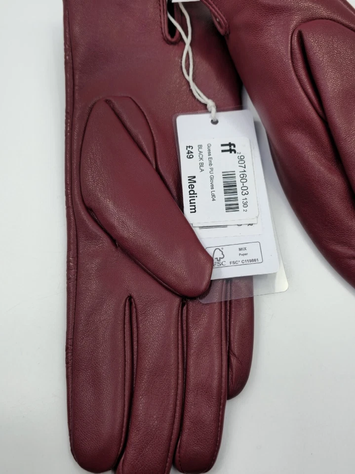 GUESS Los Angeles Embossed 4G Monogram Logo Bordeaux Leather Blend Gloves M - Image 3 of 4