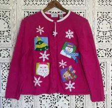 Vintage Pink Christmas Theme Snow Man Winter Zip Up Cardigan Sz Medium
