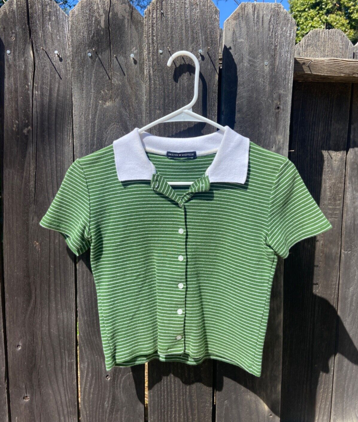 Brandy Melville Women's Green and White Striped Cropped Polo One Size