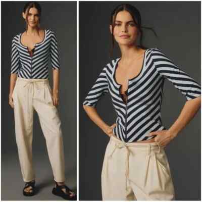 Anthropologie Maeve Womens Top Size M Scoop Neck Zip Up Navy Stripe