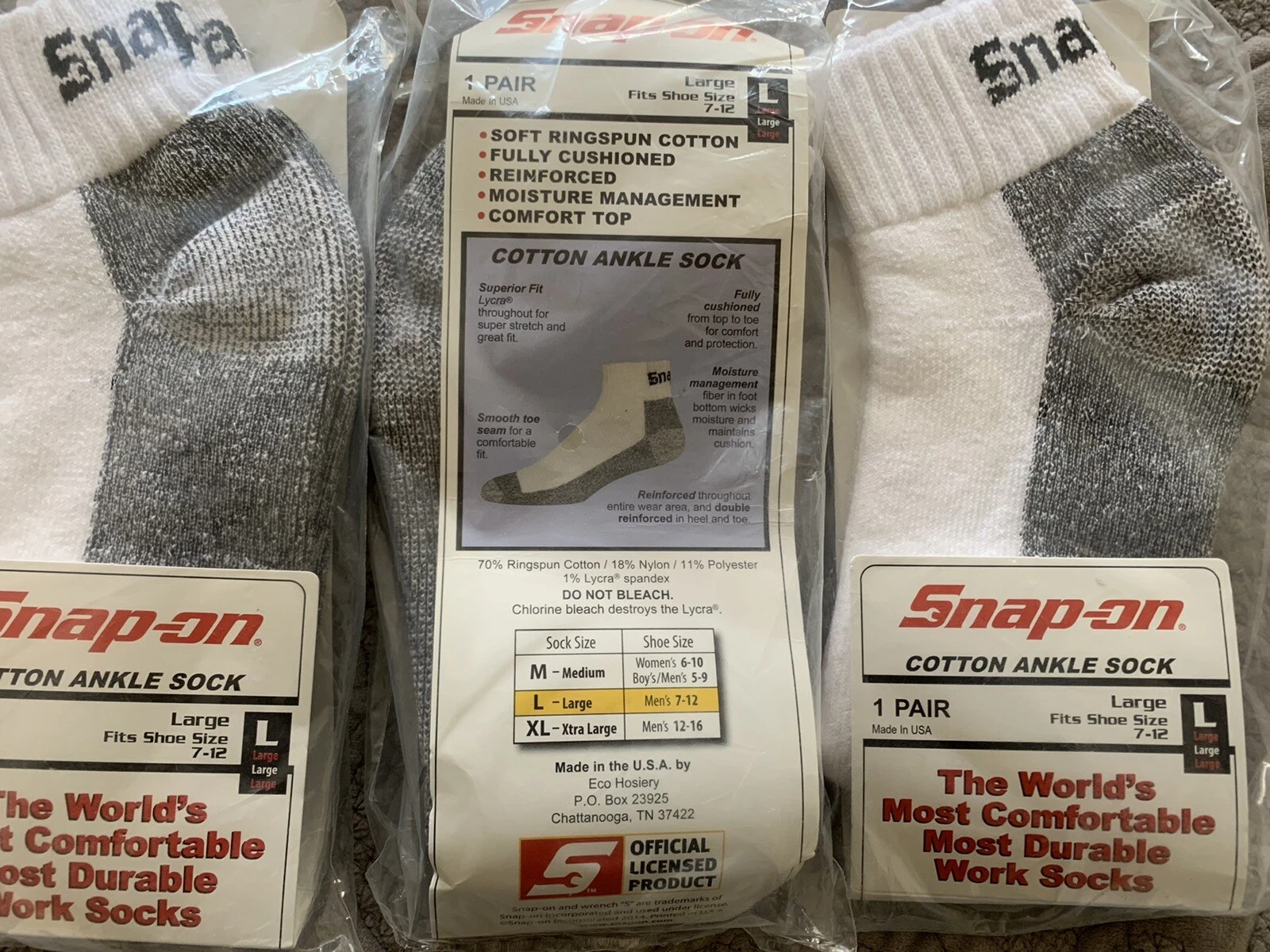 3 Pair White Snap On Ankle Socks Lrg Proudly made in USA free shipping