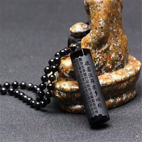 Natural Black Obsidian Buddhism Heart Sutra Pendant Necklace Amulet Gift Jewelry - Picture 4 of 8