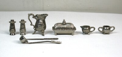 Dollhouse Miniatures 8 Piece Metal Kitchenware ~ Tea Pot Cream Sugar S&P ++
