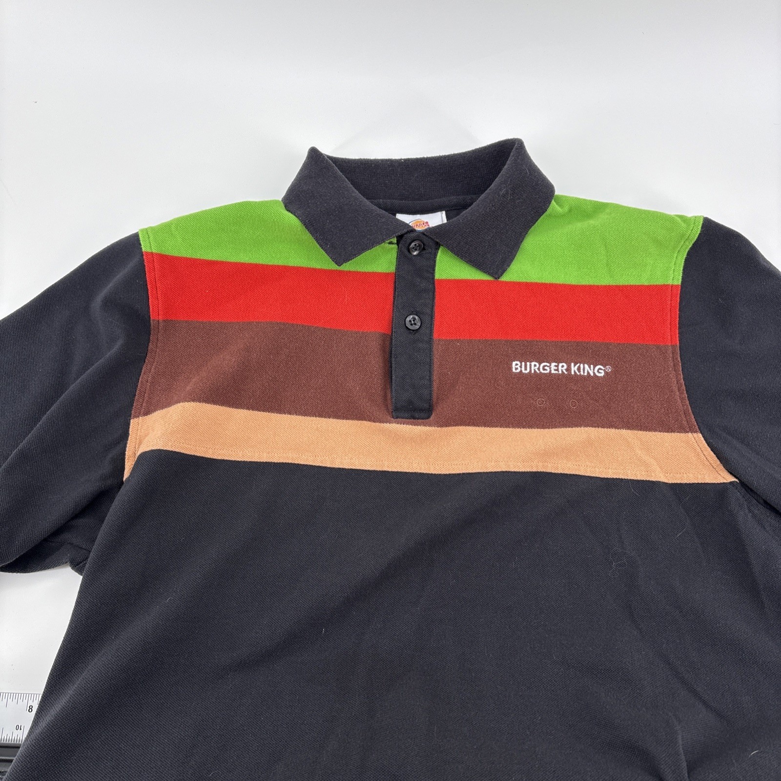VTG Burger King Employee M Color Block Black Striped Short Sleeve Polo Shirt