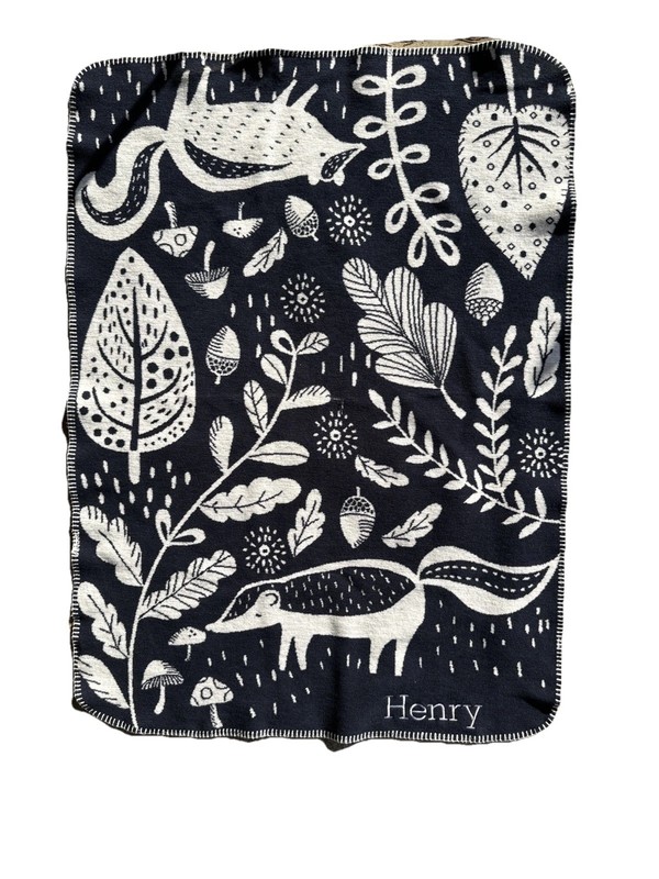 Pottery Barn Kids Reversible Baby Toddler Blanket Navy Ultra Soft Forest Animals