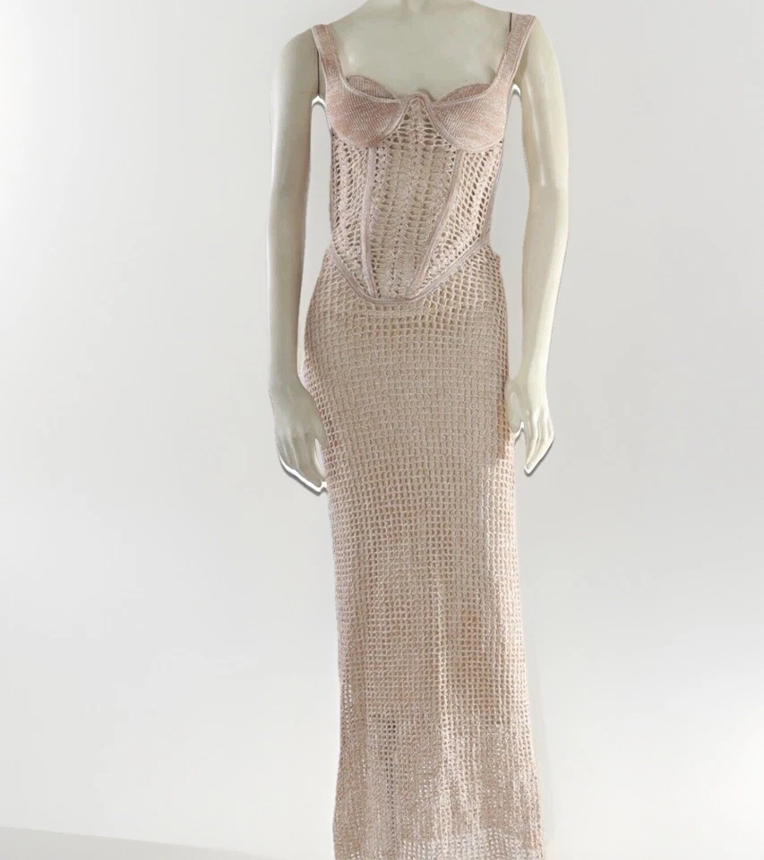 Maxi Vestido Largo Dion Lee Marle Beige Tejido Corsé Crochet Talla 4 Foto 2 de 4