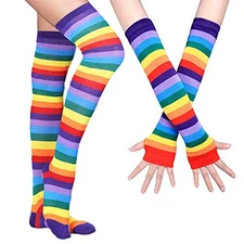  Womens Girls Cosplay Rainbow Striped Knee High Socks Leg Arm Warmer Purple