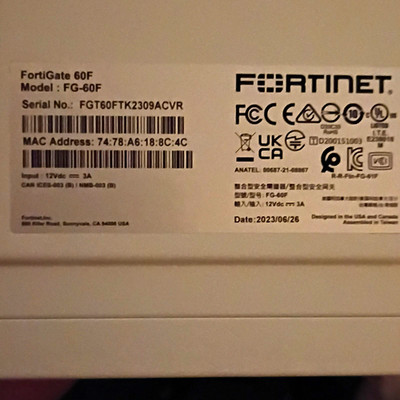 Fortinet FortiGate 60F Hardware Appliance Firewall FG-60F P24286-07-08